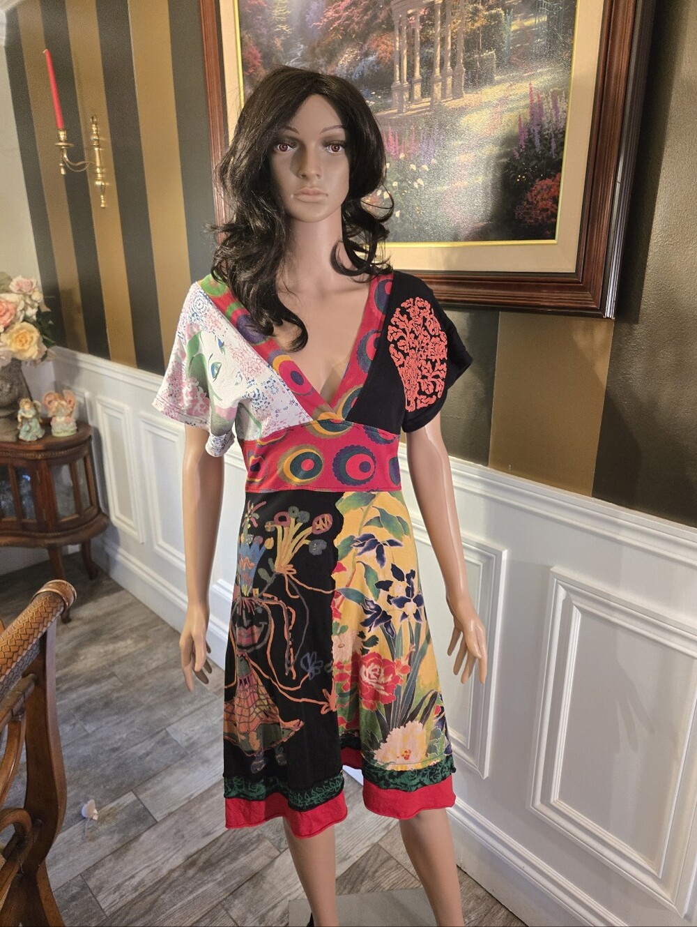Desigual Multicolor V-Neck Patchwork Dress — Black, Red, Green, Yellow Y2k